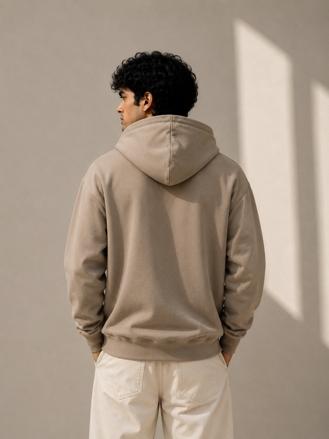 Solid Beige Hoodie With Kangaroo Pocket