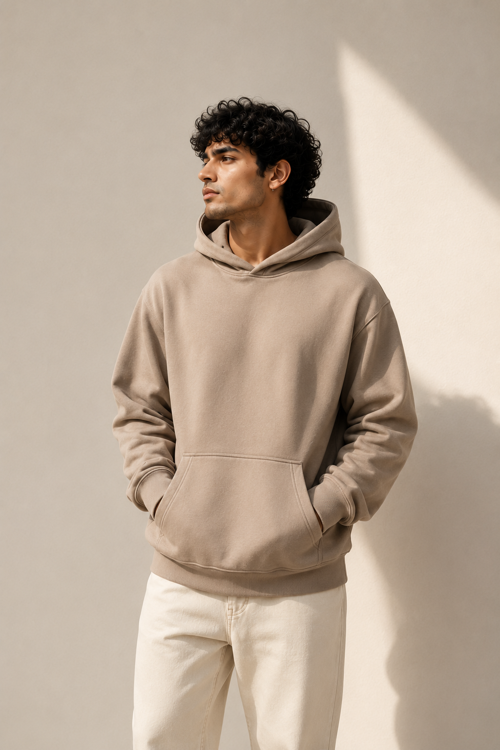 Solid Beige Hoodie With Kangaroo Pocket