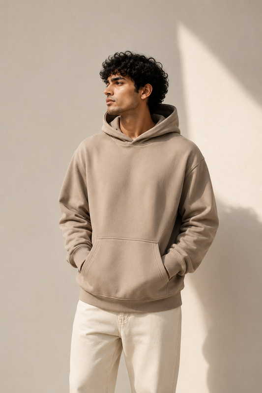 Solid Beige Hoodie With Kangaroo Pocket