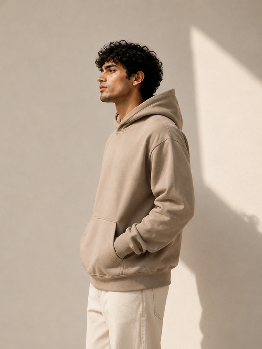Solid Beige Hoodie With Kangaroo Pocket